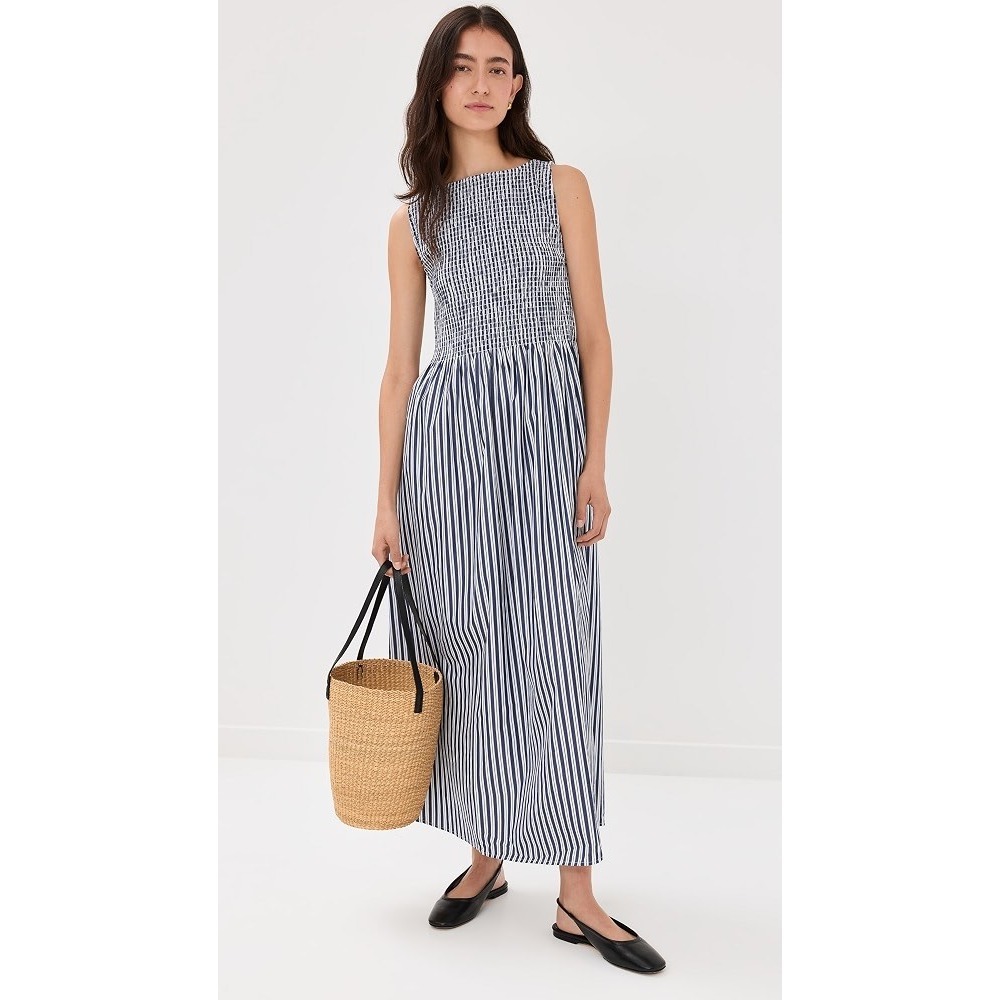 Hill House Home The Larissa Nap Dress Navy Blue White Striped Smocked Midi
